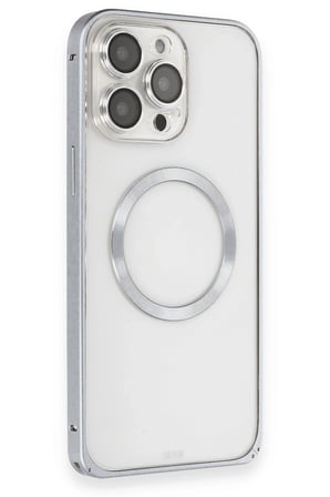 Fuchsia iPhone 15 Pro Max ile Uyumlu Kılıf Metal Bumper Magneticsafe Kapak - Gri