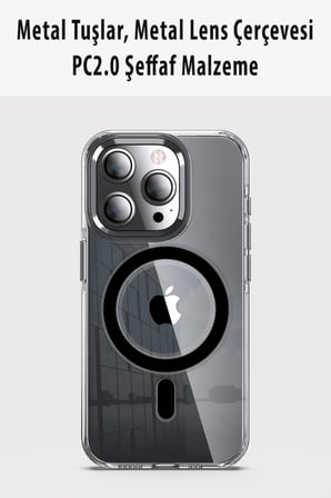 Fuchsia iPhone 14 Pro ile Uyumlu Kılıf Crystal Kablosuz Şarj Özellikli Kapak - Siyah