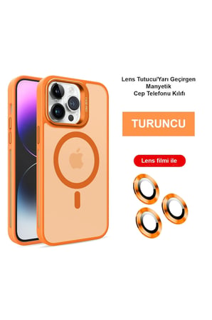 Fuchsia iPhone 14 Pro Max ile Uyumlu Kılıf Flet Lens Kablosuz Şarj Özellikli Kapak - Turuncu
