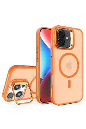 Fuchsia iPhone 16 ile Uyumlu Flet Lens Kablosuz Şarj Özellikli Kapak - Turuncu