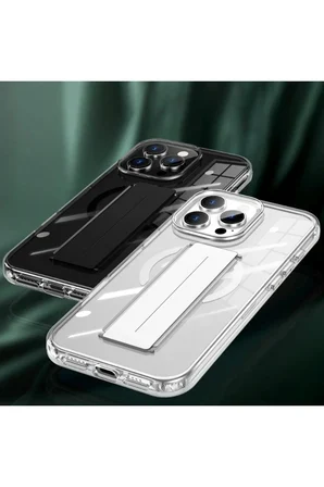 Fuchsia iPhone 16 Pro ile Uyumlu Kılıf Alfa Kablosuz Şarj Özellikli Standlı Kapak - Şeffaf