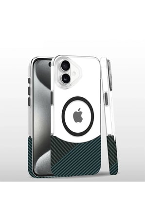 Fuchsia iPhone 16 Plus ile Uyumlu Carbon Puzzle Kablosuz Şarj Özellikli Kapak - Açık Mavi
