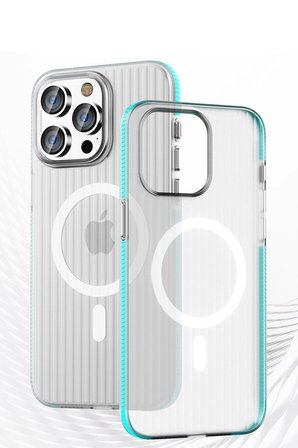 Fuchsia iPhone 16 Pro ile Uyumlu Line Kablosuz Şarj Özellikli Kapak - Mavi