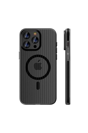 Fuchsia iPhone 14 Pro Max ile Uyumlu Line Kablosuz Şarj Özellikli Kapak - Siyah