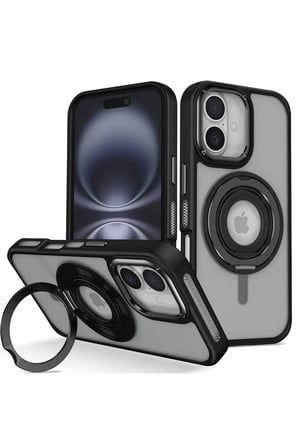 Fuchsia iPhone 16 ile Uyumlu Banza Kablosuz Şarj Özellikli Standlı Kapak - Siyah
