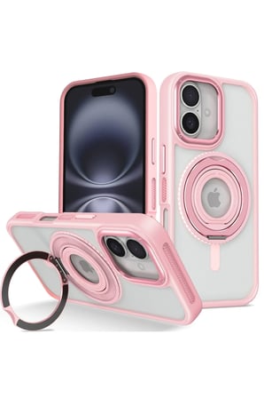 Fuchsia iPhone 16 ile Uyumlu Banza Kablosuz Şarj Özellikli Standlı Kapak - Pembe
