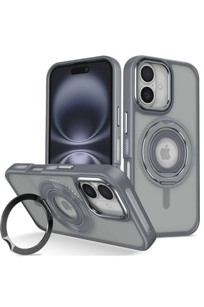 Fuchsia iPhone 16 ile Uyumlu Banza Kablosuz Şarj Özellikli Standlı Kapak - Titan Gri