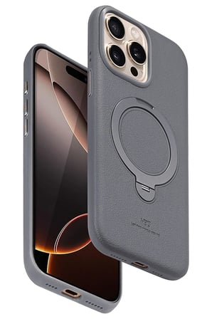 Fuchsia iPhone 14 Pro Max ile Uyumlu Vapor Deri Kablosuz Şarj Özellikli Standlı Kılıf - Titan Gri