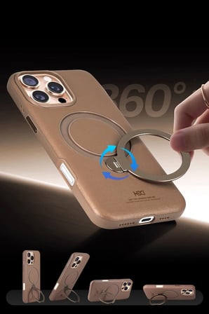 Fuchsia iPhone 16 ile Uyumlu Vapor Deri Kablosuz Şarj Özellikli Standlı Kılıf - Gold