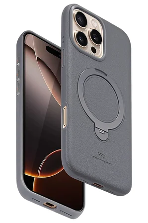 Fuchsia iPhone 16 Pro ile Uyumlu Vapor Deri Kablosuz Şarj Özellikli Standlı Kılıf - Titan Gri