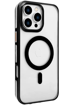 Fuchsia iPhone 16 Pro ile Uyumlu Gleam PC Sert Kablosuz Şarj Özellikli Kılıf - Şeffaf-Siyah