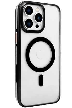 Fuchsia iPhone 15 Pro Max ile Uyumlu Gleam PC Sert Kablosuz Şarj Özellikli Kılıf - Şeffaf-Siyah