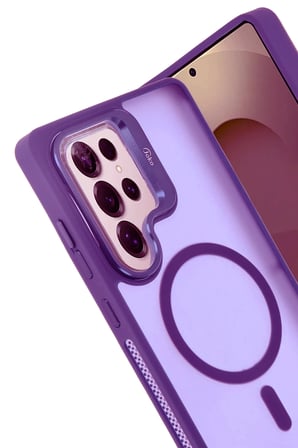 Fuchsia Samsung Galaxy S25 Ultra ile Uyumlu Flet Lens Kablosuz Şarj Özellikli Kapak - Derin Mor