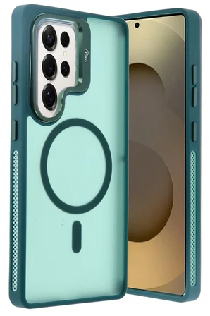 Fuchsia Samsung Galaxy S25 Ultra ile Uyumlu Flet Lens Kablosuz Şarj Özellikli Kapak - Koyu Yeşil