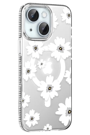 Fuchsia iPhone 14 ile Uyumlu Floral Kablosuz Şarj Özellikli Kapak - Beyaz