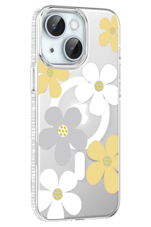 Fuchsia iPhone 14 ile Uyumlu Floral Kablosuz Şarj Özellikli Kapak - Sarı