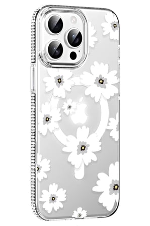 Fuchsia iPhone 15 Pro Max ile Uyumlu Floral Kablosuz Şarj Özellikli Kapak - Beyaz