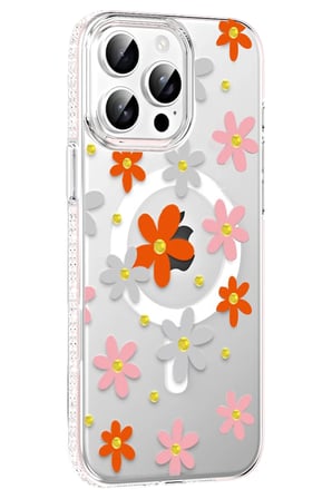 Fuchsia iPhone 15 Pro Max ile Uyumlu Floral Kablosuz Şarj Özellikli Kapak - Turuncu