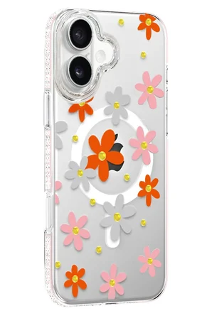 Fuchsia iPhone 16 ile Uyumlu Floral Kablosuz Şarj Özellikli Kapak - Turuncu
