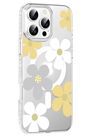 Fuchsia iPhone 16 Pro ile Uyumlu Floral Kablosuz Şarj Özellikli Kapak - Sarı