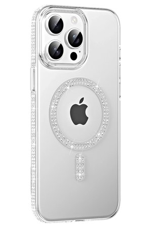 Fuchsia iPhone 14 Pro Max ile Uyumlu Move Taşlı Kablosuz Şarj Özellikli Kapak - Natural Grey