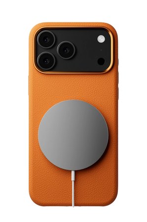 Fuchsia iPhone 17 Pro Max ile Uyumlu Wonder Deri Kablosuz Şarj Özellikli Kapak - Turuncu