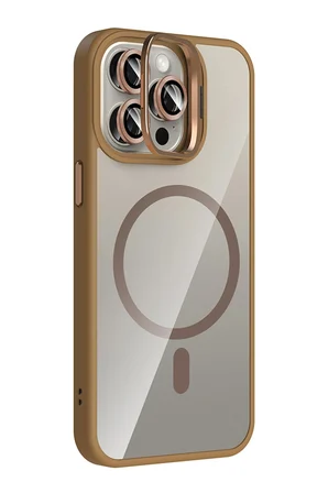 Fuchsia iPhone 15 Pro Max ile Uyumlu Remim Lensli Kablosuz Şarj Özellikli Standlı Kapak - Kahverengi