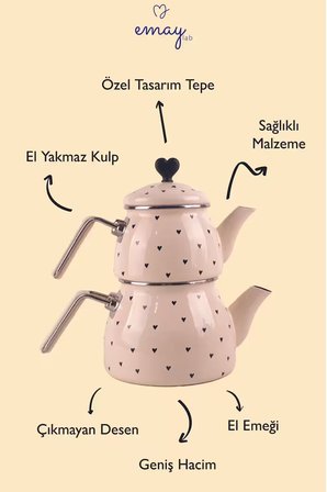 EMAYlab Black Cupid Kalp Desenli Emaye Çaydanlık Takımı (Özel Zamak Tepeli)