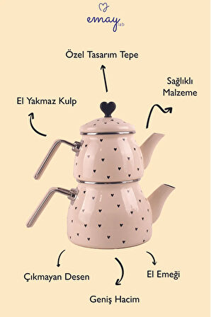 EMAYlab Black Cupid Kalp Desenli Emaye Çaydanlık Takımı (Özel Zamak Tepeli)