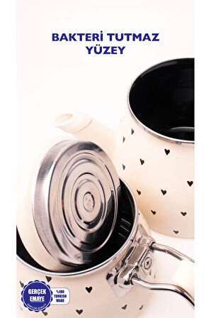 EMAYlab Black Cupid Kalp Desenli Emaye Çaydanlık Takımı (Özel Zamak Tepeli)