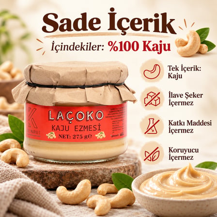 LAÇOKO 275 Gram Şekersiz, Katkısız, Glutensiz, Vegan, Doğal Kaju Ezmesi (275 Gram)