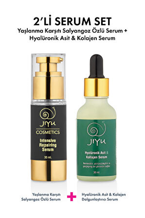 Jiyu Yaşlanma ve Kırışıklık Karşıtı Salyangoz Özlü Serum + Hyaluronik Asit ve Kolajen Dolgunlaştırıcı Serum 2'li Serum Cilt Bakım Seti