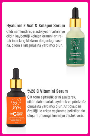 Jiyu Hyalüronik Asit ve Kolajen Dolgunlaştırıcı Serum + Jiyu C Vitamini Aydınlatıcı, Cilt Tonu Eşitleyici Cilt Bakım Seriumu 2'li Cilt Bakım Seti 2x30 ml.