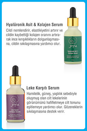 Jiyu Hyalüronik Asit ve Kolajen Dolgunlaştırıcı Serum + Jiyu Leke Karşıtı Cilt Tonu Eşitleyici Arbutin Serum 2'li Cilt Bakım Seti 2x30 ml.