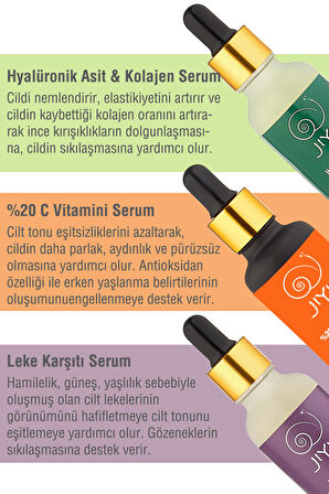 Jiyu Hyalüronik Asit ve Kolajen Dolgunlaştırıcı Serum + Jiyu C Vitamini Aydınlatıcı Cilt Bakım Serumu + Jiyu Leke Karşıtı Cilt Tonu Eşitleyici Arbutin Serum 3'lü Cilt Bakım Serum Seti 3 x 30 ml.