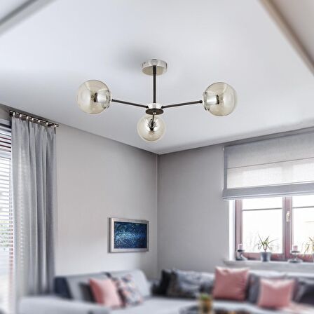 Nide 3Lü Siyah Krom Bal Camlı Modern Genç Odası Yatak Odası Retro Salon Avize 