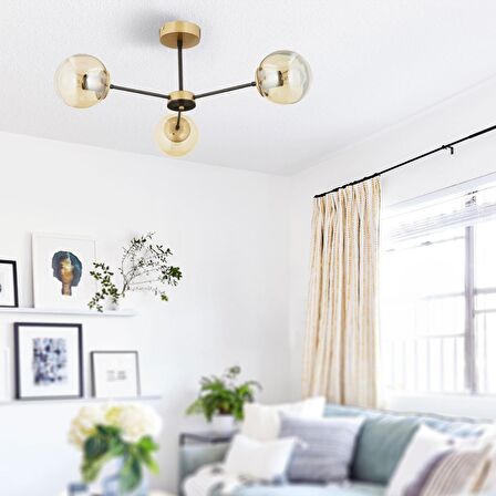 Nide  3Lü Siyah Gold Bal Camlı Modern Genç Odası Yatak Odası Retro Salon Avize 