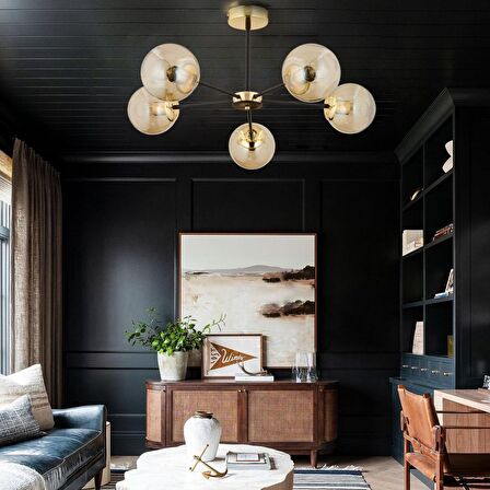 Nide 5Li Siyah Gold Bal Camlı Modern Genç Odası Yatak Odası Retro Salon Avize 