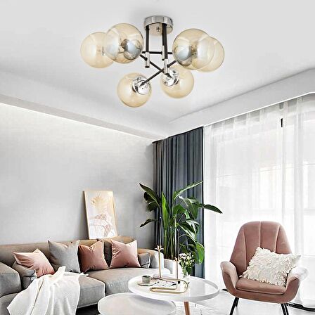 Maral 6Lı Siyah Krom Bal Camlı Modern Genç Odası Yatak Odası Retro Salon Avize 