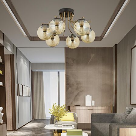 Edin 6Lı Siyah Eskitme Bal Camlı Modern Genç Odası Yatak Odası Salon Avize 