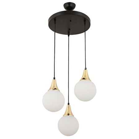 Damla 3Lü Yuvarlak Siyah Gold Beyaz Camlı Sarkıt Modern Genç Odası MutfakSalon Avize 