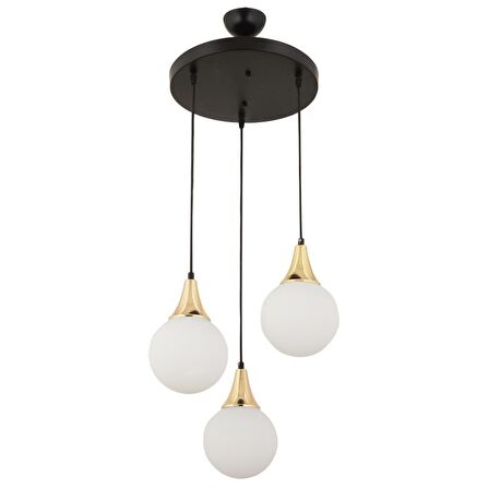 Damla 3Lü Yuvarlak Siyah Gold Beyaz Camlı Sarkıt Modern Genç Odası MutfakSalon Avize 