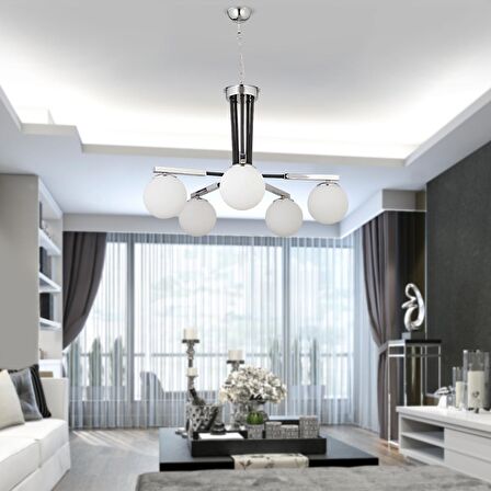 Akkor 5Li Siyah Krom Modern Oturma Odası Yatak odası Salon Avize 
