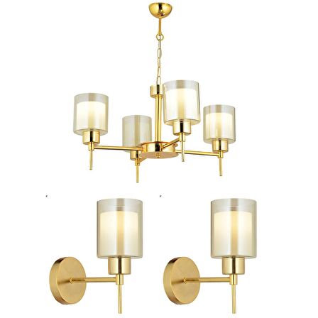 Cemre 4 Lü Gold Modern Tasarım Yatak Odası Salon Avize-Aplik Seti 3 Parça Avize-Aplik Seti Seti