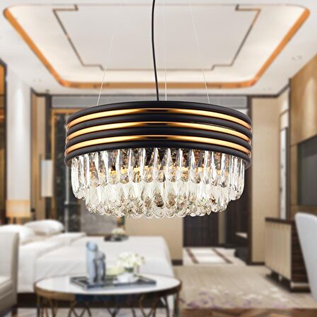 Massello Yuvarlak Siyah Kaplamalı Kristalli Taşlı Modern Tasarım Kristal Salon Avize