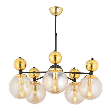 Kuvars 5'li Siyah Gold Modern Koridor, Oturma Odası Salon Avize 