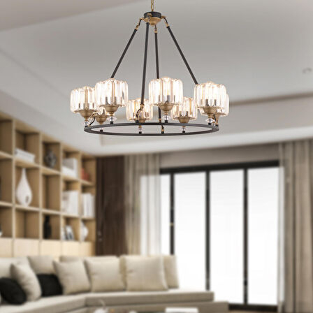 Fennel 8'li Siyah Eskitme Kristalli Taşlı Modern Tasarım Kristal Salon Avize