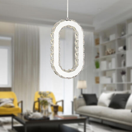 Avignon 40 Watt Tekli Krom Ledli 3 Renkli Sarkıt Kristalli Taşlı Modern Tasarım Led Kristal Salon Avize 