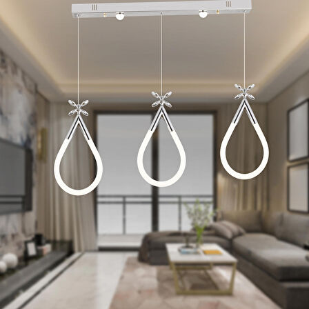Vojens 3'lü Sıralı 40 Watt Krom Ledli Kelebek Detaylı Modern Koridor, Yatak Odası Salon Sarkıt Led Avize