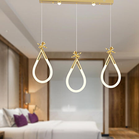 Vojens 3'lü Sıralı 42 Watt Gold Ledli Kelebek Detaylı Modern Koridor, Yatak Odası Salon Sarkıt Led Avize
